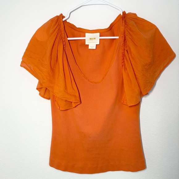 MAEVE Anthropologie Orange Flutter Sleeve Ribbed V-Neck Top - Picture 3 of 4